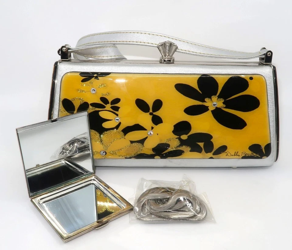 Bolso sin asas DEBBIE BROOKS NY dorado y marrón esmalte plateado espejo 9" de ancho Foto 2 de 4