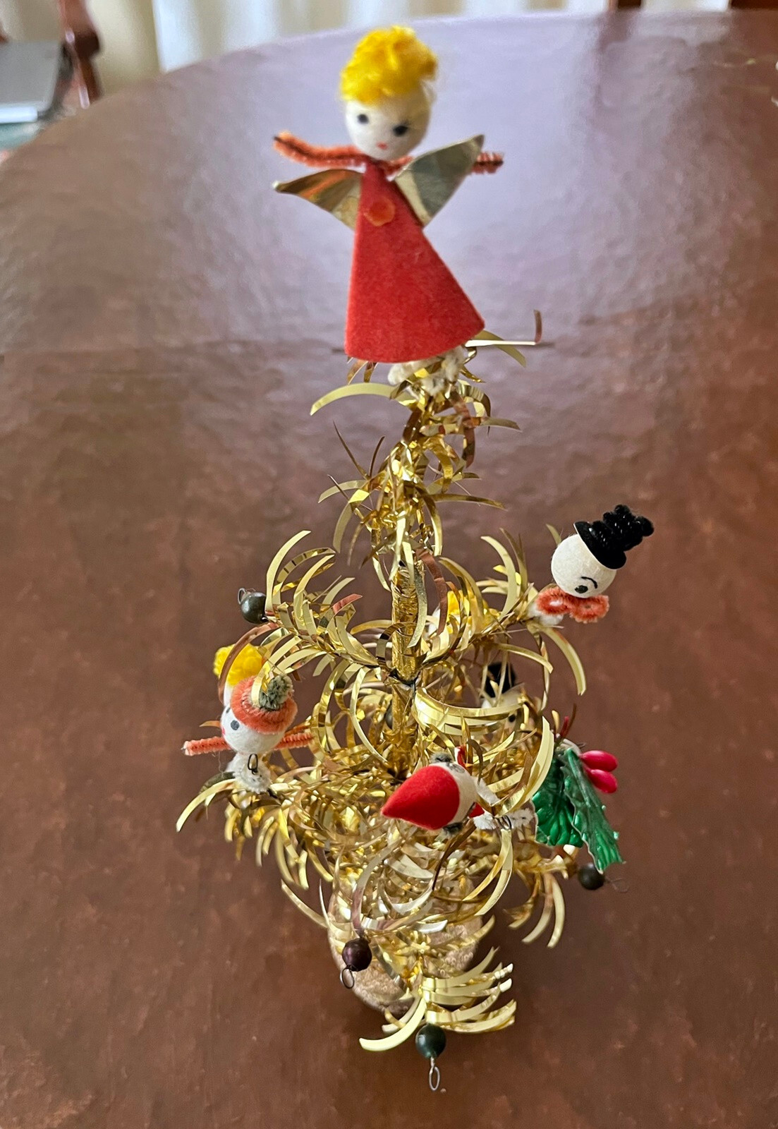 Vtg 50's Japan Gold Aluminum Tinsel Mini Christmas Tree w Spun Cotton