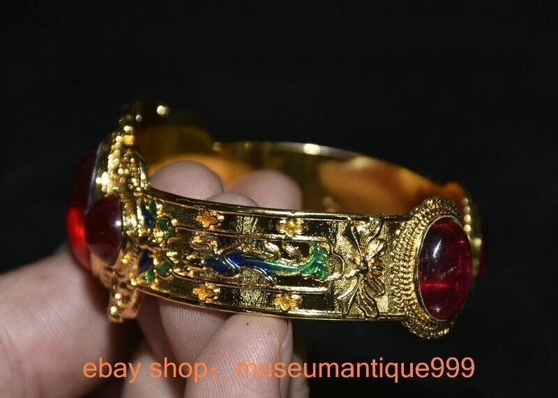 Pulsera brazalete joyería mariposa gema rosa incrustación dorada plata china antigua de 2,6" Foto 4 de 4