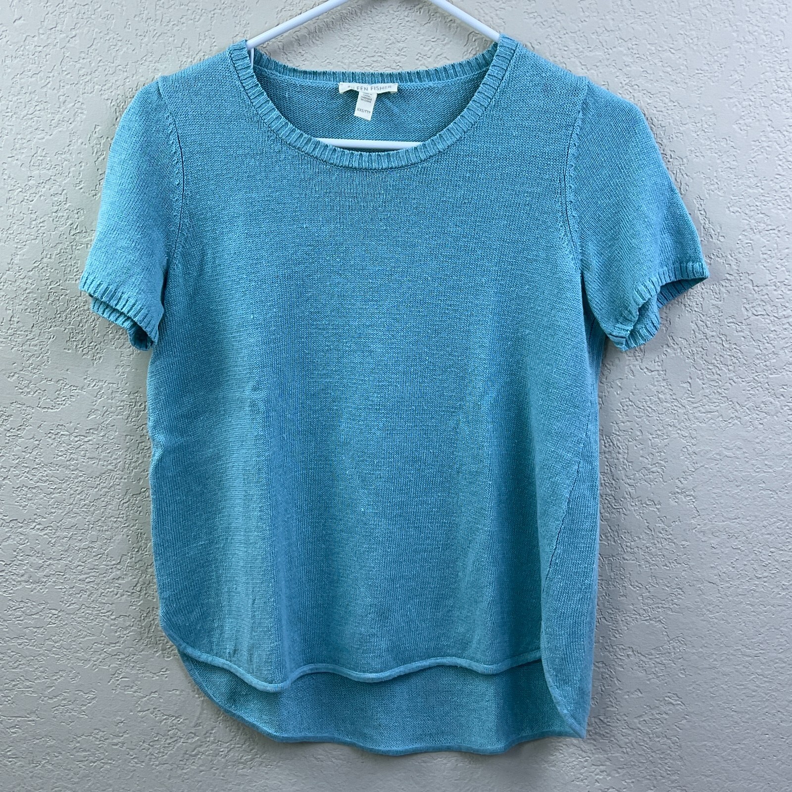 Eileen Fisher Top Women's XXS Blue Woven Short Sleeve Shirt Split Hem Minimalist