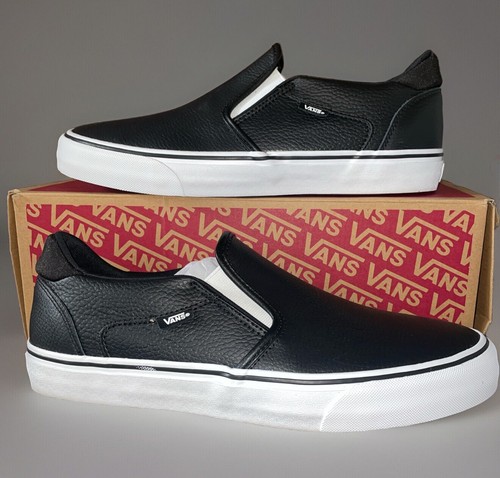 Men's Vans Asher Deluxe Tumble Slip On Shoes Black Leather Mens 12