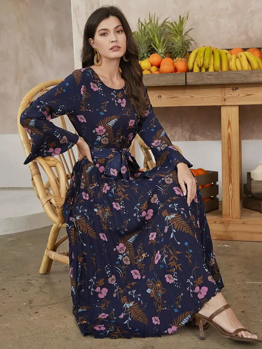 Ladies Floral Print Self Tie Blue Pleated Hem Long Dress Size XX L