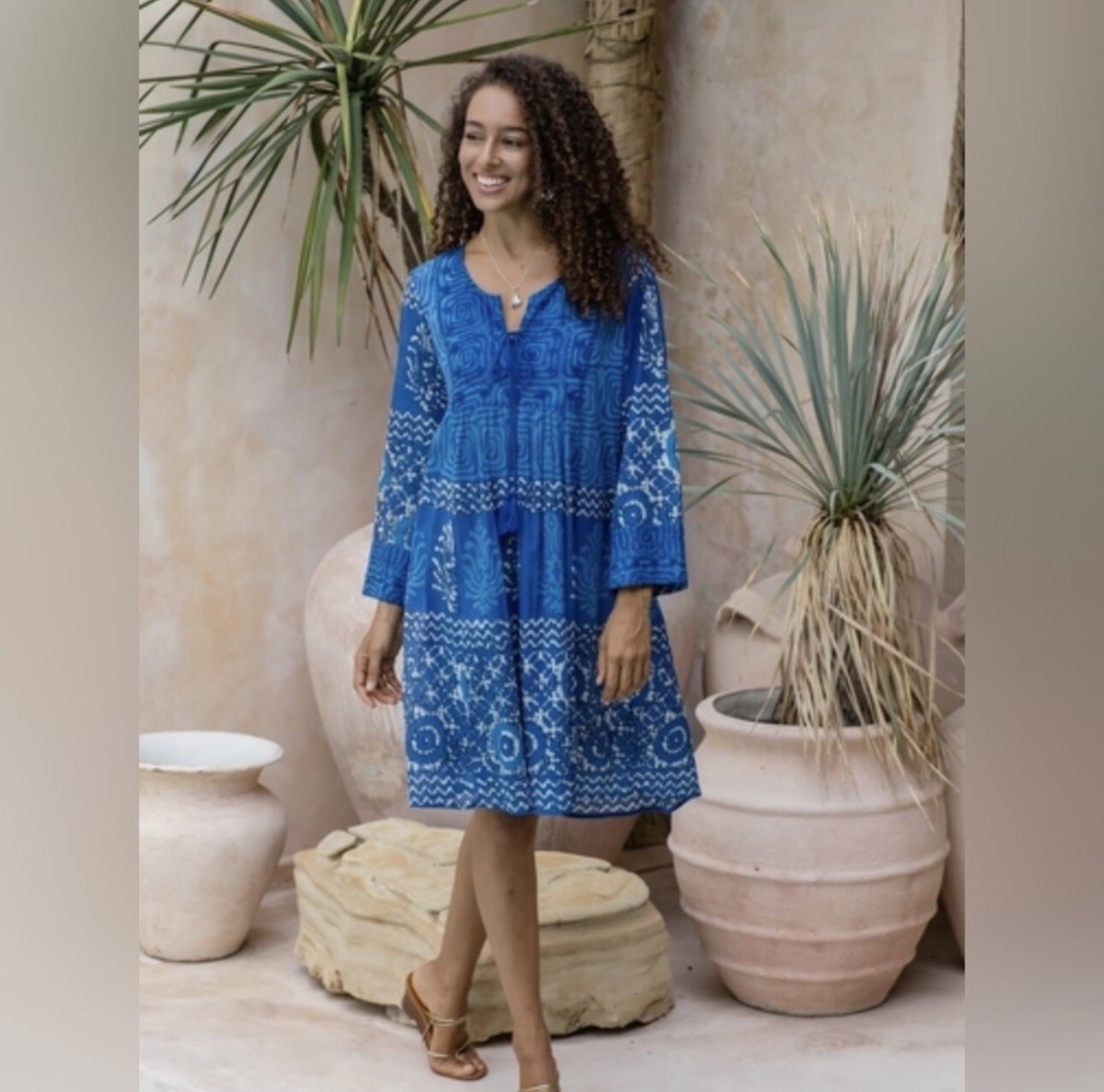 Novica Embroidered Blue Cotton Easy Fit Tunic Dress Size Large