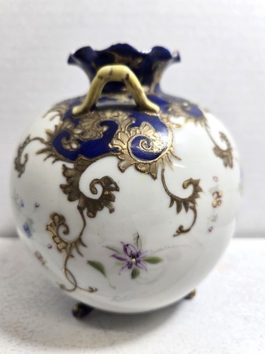 Kobaltblaue Vase im Nippon-Stil mit schweren Goldperlen ohne Bodenstempel 5"x6" - Bild 2 von 3