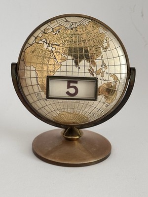 Vintage Rotating Globe Perpetual Desk Calendar Brass&Gold Tone Mid Century Style