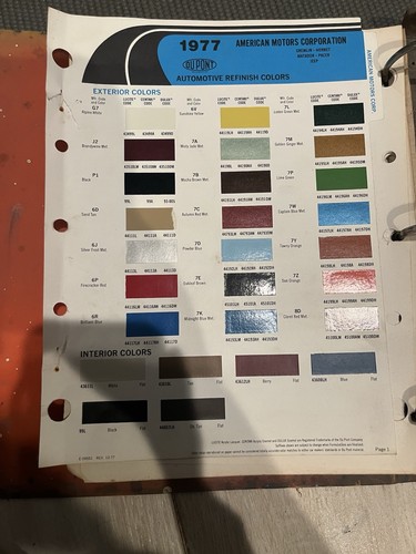 Vintage 1977 AMC American Motors Interior & Exterior Paint Chip Sheet DuPont
