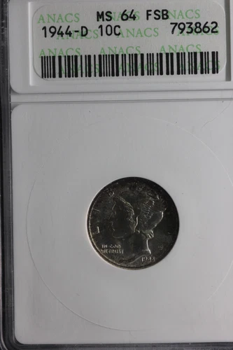 1944-D MERCURY SILVER DIME ANACS MS64 FSB