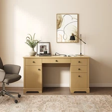 58" Fluted Desk with Storage & Power Outlets, Modern Home Office Computer Desk