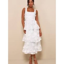 Lulus White Sleeveless Tiered Rosette Midi Dress size Small T9