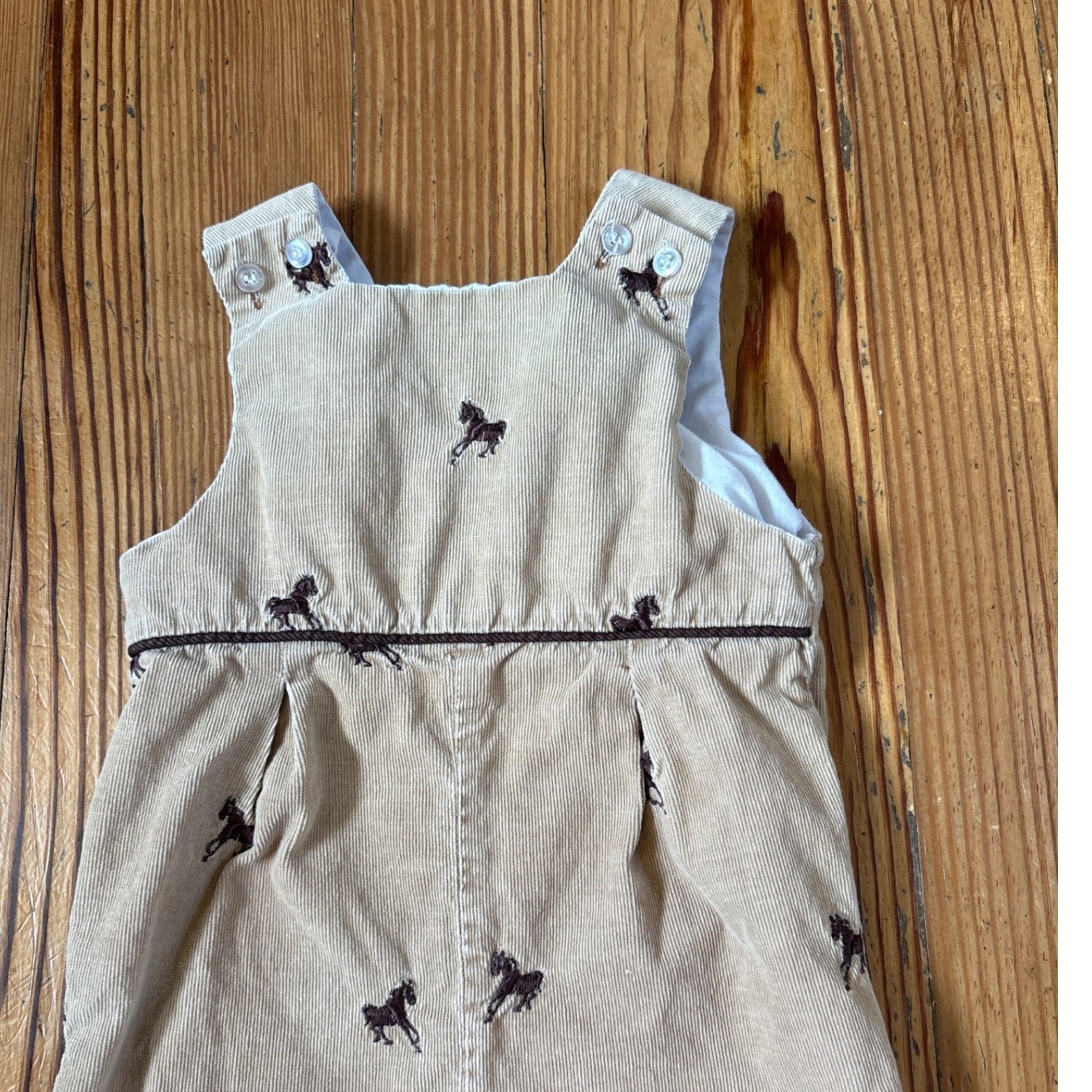 The Bailey Boys Jon Jon Kids Tan Embroidered Horse Corduroy Romper SIZE 12M image 2