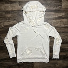 Alo Yoga Hoodie Womens S Cream Distressed Pullover Ripped Kangaroo Pocket Raglan