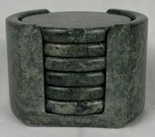 Vtg. Set Of Six Green Marble with cork lined Coasters in Holder Made in Taiwan