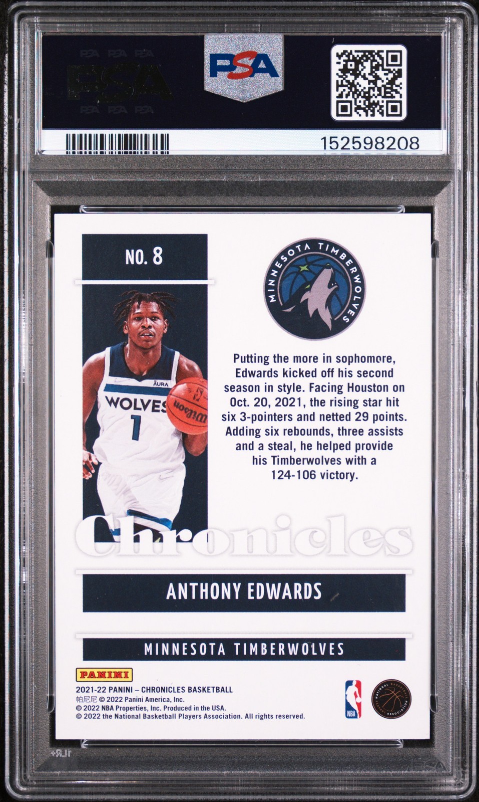 2021 PANINI CHRONICLES BLUE #8 ANTHONY EDWARDS 77/99 PSA 9 view 2
