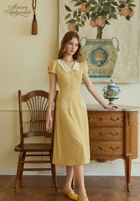 Maison Aphrodite- French Retro Yellow Embroidered Dress