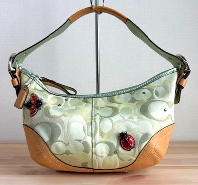 COACH Ladybug Shoulder Bag Green Canvas Leather Hobo Bag Signature