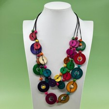 Multicolor Dyed Shell Disc Multi Strand Necklace Wood Beads Long Boho Statement