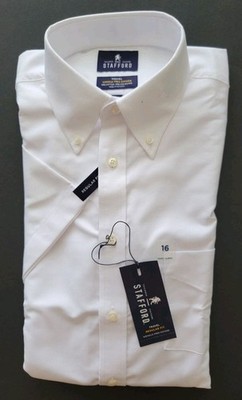 NEW Stafford Travel Sz 16 Wrinkle Free Oxford WHITE Dress Shirt Short Sleeve 