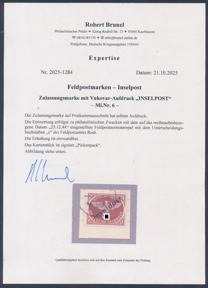 Feldpost Vukovar Aufdruck 1944 Michel 6 Expertise (S27724) - Bild 2 von 2