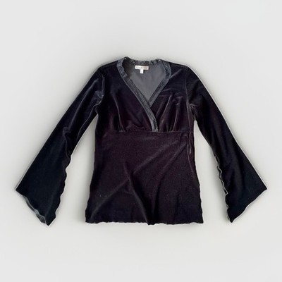 Vintage Y2K Moa Moa Blouse Women Black Velour Ruffle Bell Sleeves Lace Trim Sz M