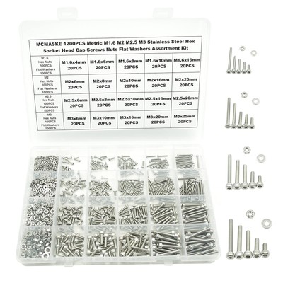 1200PCS M1.6 M2 M2.5 M3 Stainless Steel Hex Socket Head Cap Screws Nuts Flat ...