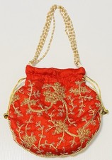 Indian Potli White Beaded Gold Tone Embroider Red Purse Handbag Drawstring READ