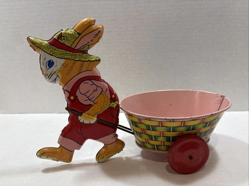 Vtg J. Chein Company Tin Litho Rabbit & Cart c1950's USA Pink Easter Basket