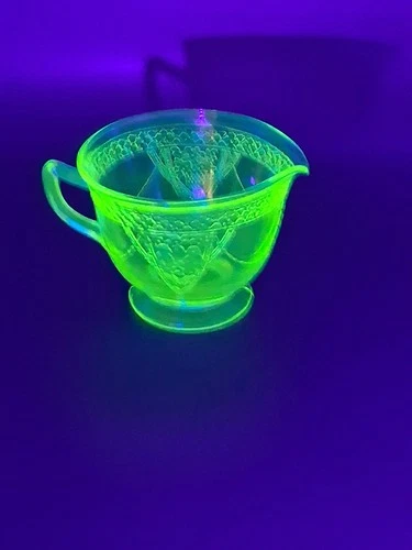 Uranium Glass Creamer Love Birds Vintage 1930s Depression Federal Glass Company