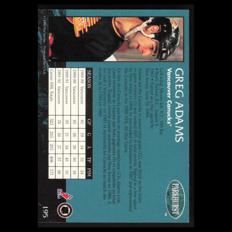 Greg Adams #195 1992 Parkhurst Vancouver Canucks Hockey Card NHL NM - Image 2 of 3