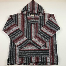 Poncho Hoodie Jacket Men's XL Red Black Stripes Mexican Baja Drug Rug Hippie