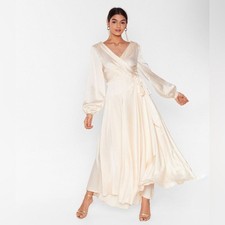 Nasty Gal Cream Long Sleeve Wrap satin Dress size 6 NWT