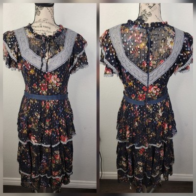 Needle & Thread Midi Dress SZ 8 Winter Forest Floral Tier Ruffle Lace Prairie