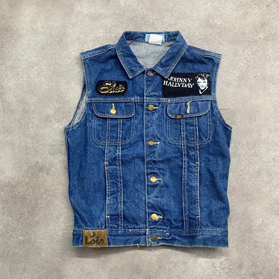 Chaleco de mezclilla Lois para hombre grande vintage parches chaleco de...