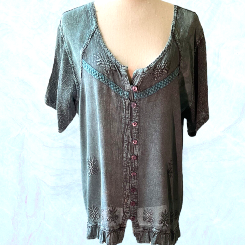Medieval Bohemian Embroidered blouse/tunic women plus size ruffle hem appliqué - Picture 1 of 8