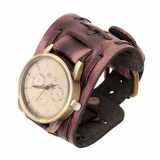 Retro Punk Rock Leather Bracelet Cuff Men Wrist Watch Wide Band Quartz Watch
