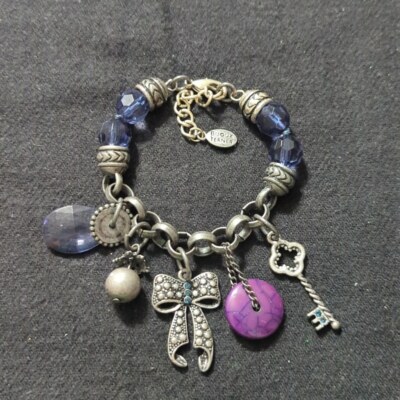 Bijoux Terner Silver Tone Blue Purple Bow Key Beaded Charm Statement Bracelet