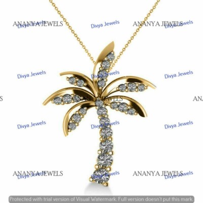 1 CT Round Moissanite Tropical Palm Tree Pendant Necklace 14k Yellow Gold Plated