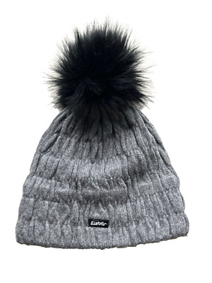 EISBAR AUSTRIA GRAY CASHMERE WOOL KNIT BEANIE HAT WITH FAUX FUR POM WOMEN'S OS