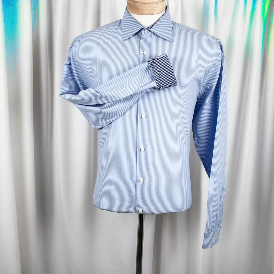 BEN SHERMAN Blue White Double Striped Men Dress Shirt Size 16.5 - Image 3 of 4
