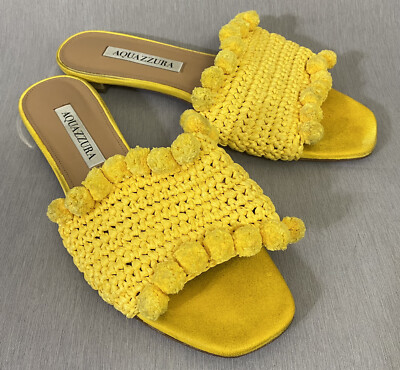 $599 AQUAZZURA Yellow Woven Raffia POMPOM Slides Sandals Shoes 6.5 / 36.5