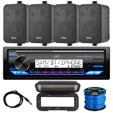JVC Marine Receiver Bundle, 4x 4" 30W Black Speaker, Black Cover, Antenna, Wire