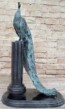Bronze Peacock Sculpture on Marble Pedestal - Elegant Decorative Art Signed
