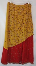 Women Lehenga Indian Skirt Red Gold Hand Beaded  Sewn Metalwork