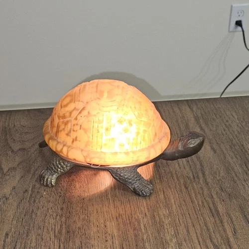 VTG Turtle Lamp with Amber Tiffany Style Glass, Brass Base Tortoise Night Light