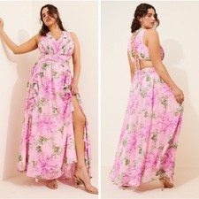 ASTR The Label Noya Maxi Dress Pink Floral Pleated Cut Out Lace Up Sz L Sundress