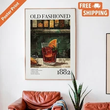 Old Fashioned Cocktail Recipe Print: Vintage Bar Cart Wall Art
