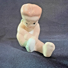 Vintage 1940s Ceramic Figurine Girl Tying Shoe Pastel Green Glaze Nursery Japan
