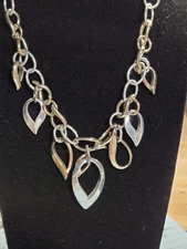 16" Mixed Metal Leaf Drop Charm Necklace Silver Gold Stmnt Bib