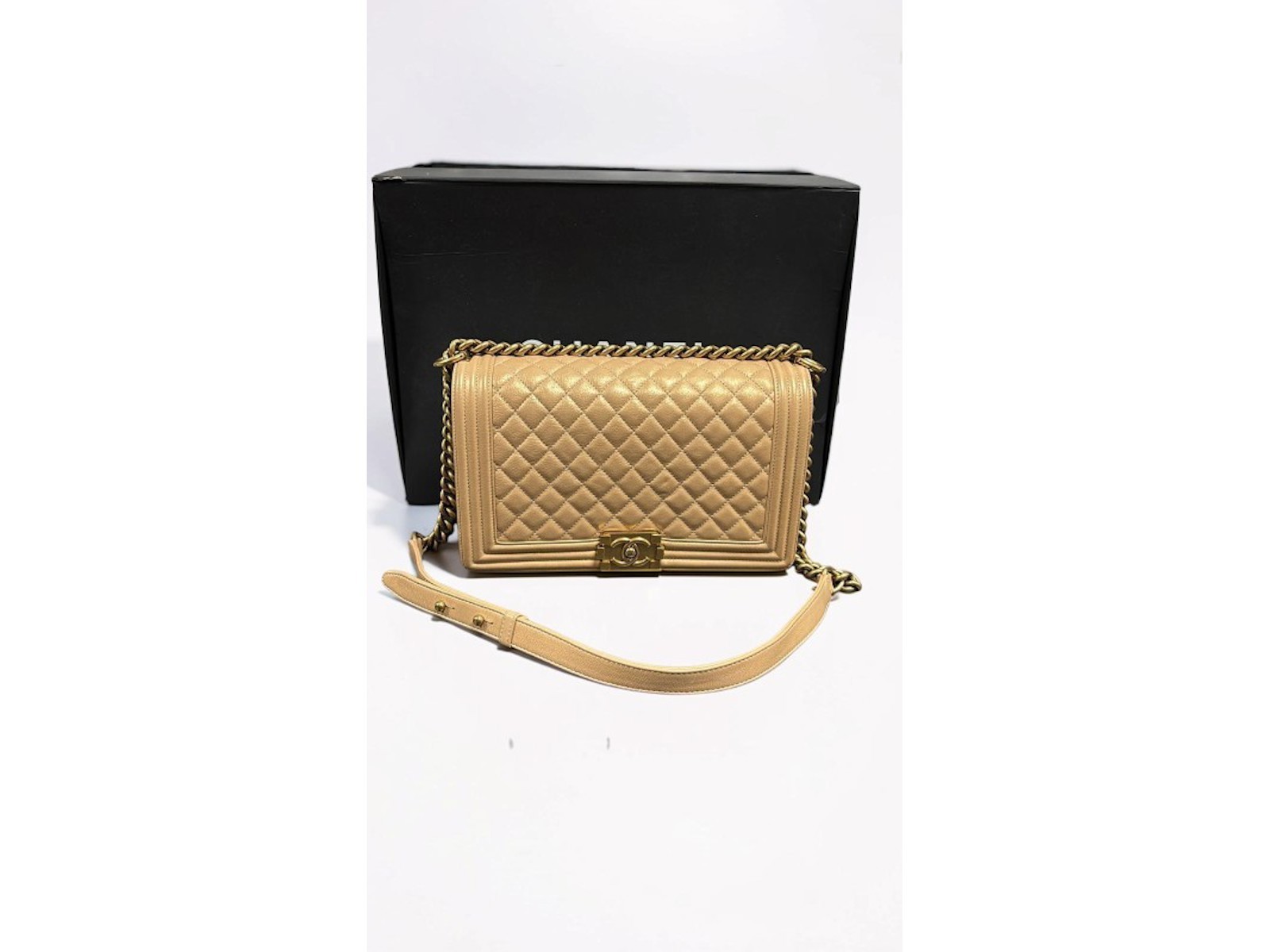 Chanel 19P Old Medium Boy Bag Beige Caviar Matte Aged Gold Hardware