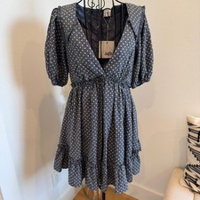 Selfie Leslie Denim Blue Cotton Puff Sleeve Deep V Ruffle Mini Dress NWT Small