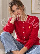 POLO RL Women  s L Red Cable Knit Cardigan Sweater Gold Pony Button Front NWT